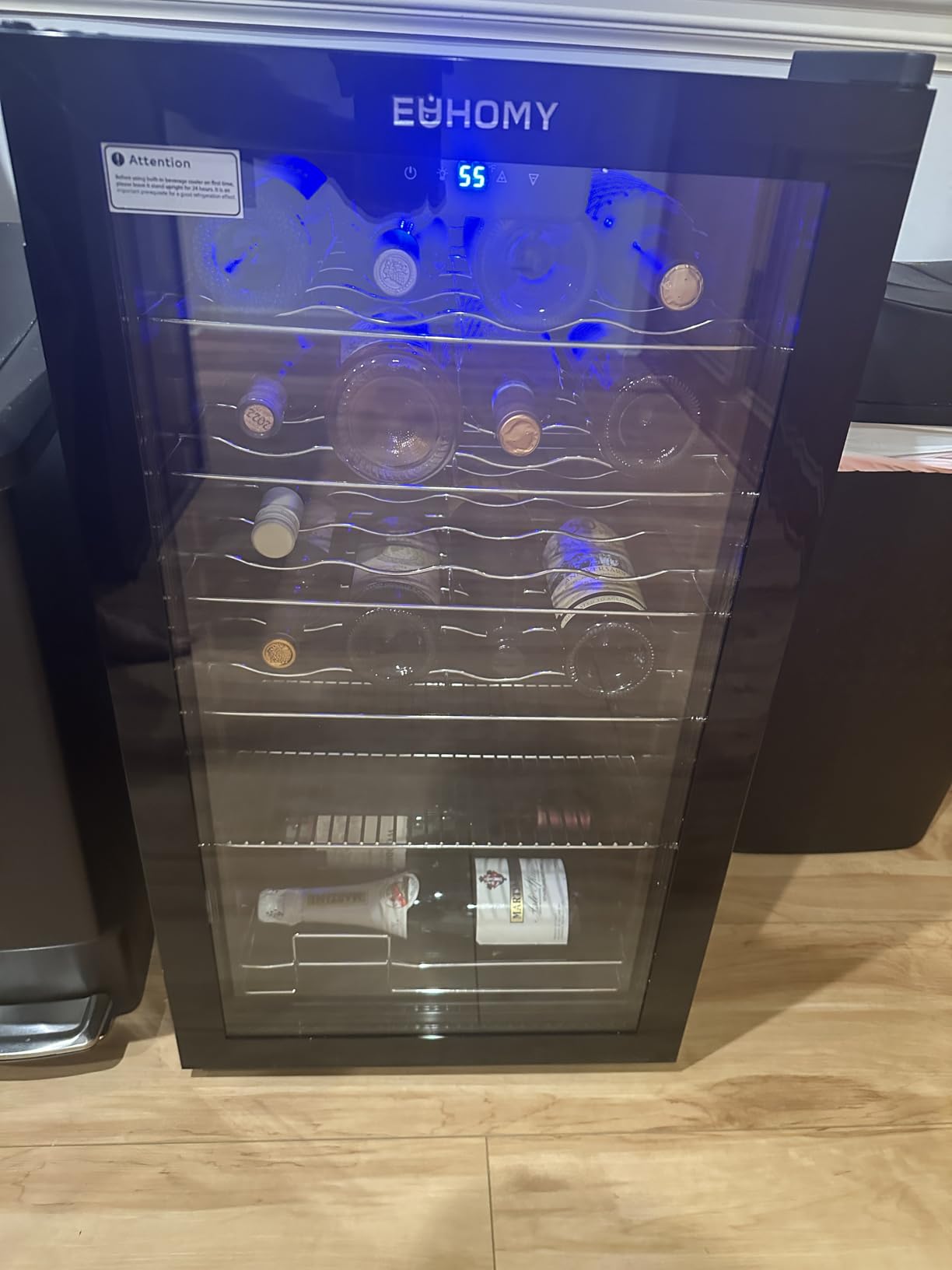 EUHOMY 18L Wine Fridge Mini Fridge, Freestanding Counter-top Wine Cooler | 40°F to 61°F, 4 Bottle and 6 Can, Compressor Cooling, Glass Door, Adjustable Shelves, LED Digital Temperature Control, Quiet customer photo 2