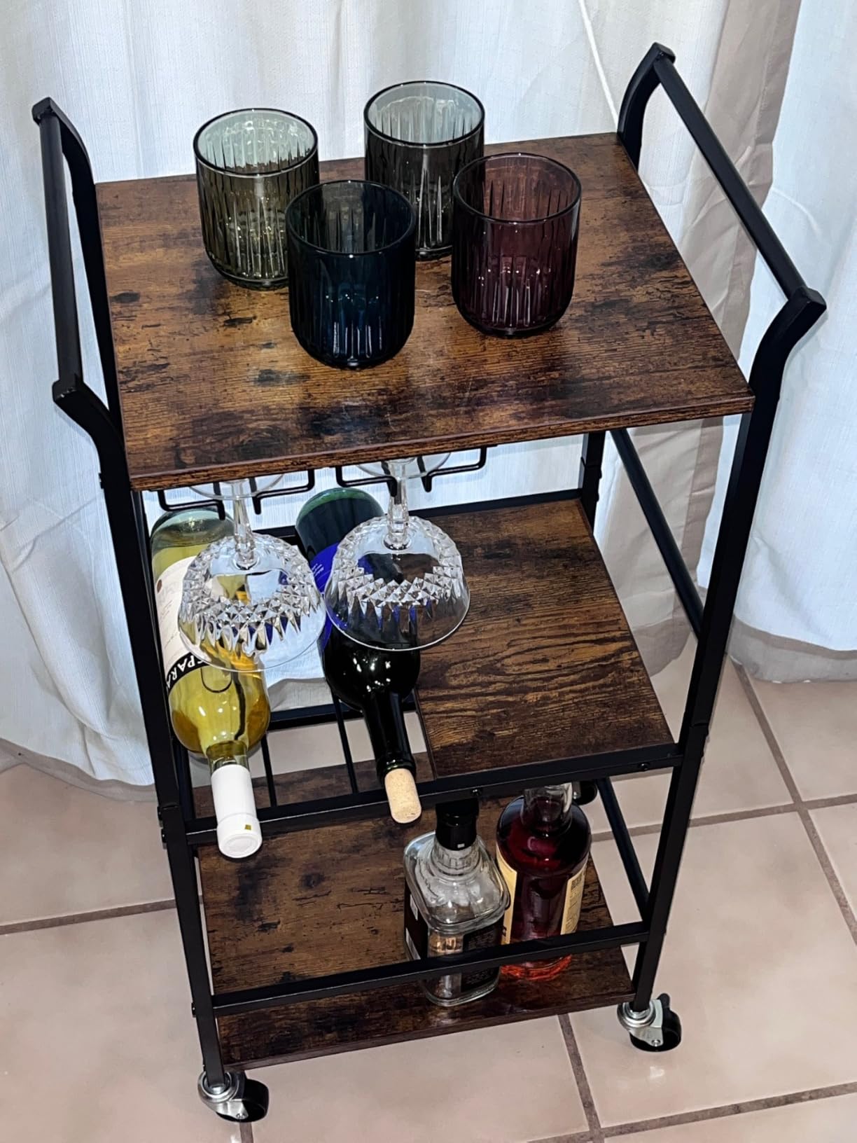 VASAGLE Bar Cart with Wheels, Drink Cart with Wine Rack and Glass Holder | 3-Tier Home Bar Serving Carts, 33.3 x 15.7 x 33.7 Inches, Rustic Brown and Matte Black, for Kitchen, Living Room ULRC210K101 customer photo 1