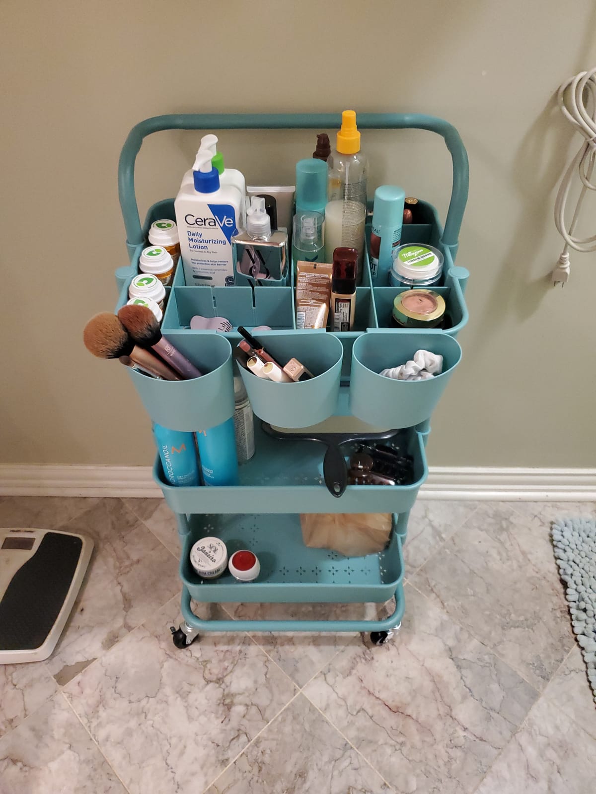 ALVOROG Rolling Storage Cart with 5 Drawers,Pegboards,Wooden Top,Bins,White customer photo 1