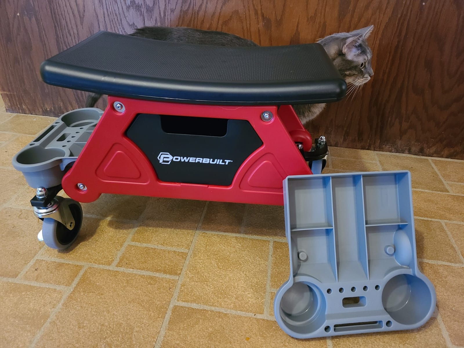 Powerbuilt Heavy Duty Roller Mechanics Seat and Brake Stool with 4-in. Rubber Swivel Casters Roll Over Anything, Big Seating Platform, Slide Out Tool Trays and Drawer 300 lb. Capacity – 240036 customer photo 2