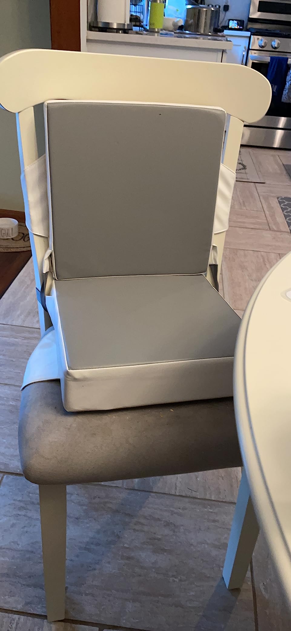 Booster Seat for Kitchen Chair - Toddler Booster Seat for Dining Table - PU Washable Double-Safety Straps with Buckle, Kids Portable Outdoor Booster Seat (Grey) customer photo 1
