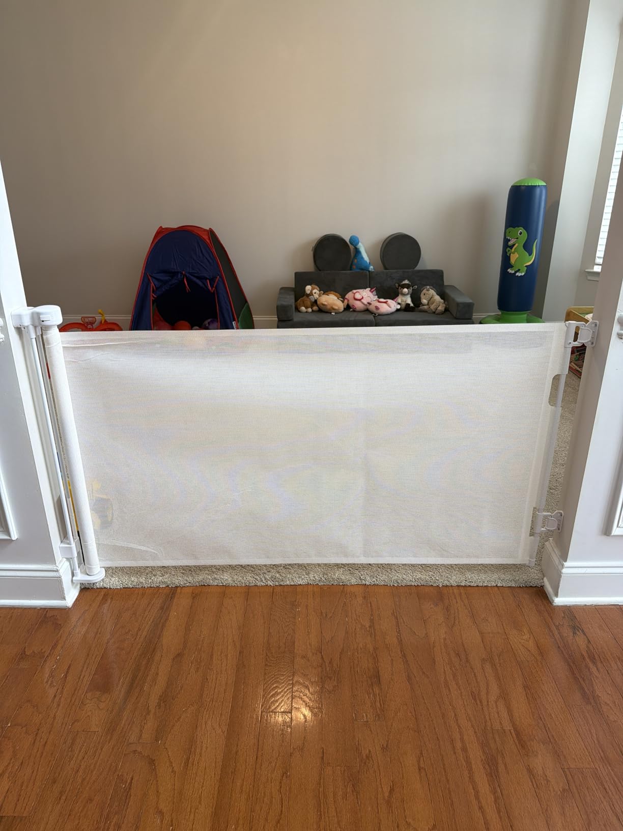KISKIZ 110 Inch Extra Wide Retractable Baby Gate for Large Openings, White customer photo 2
