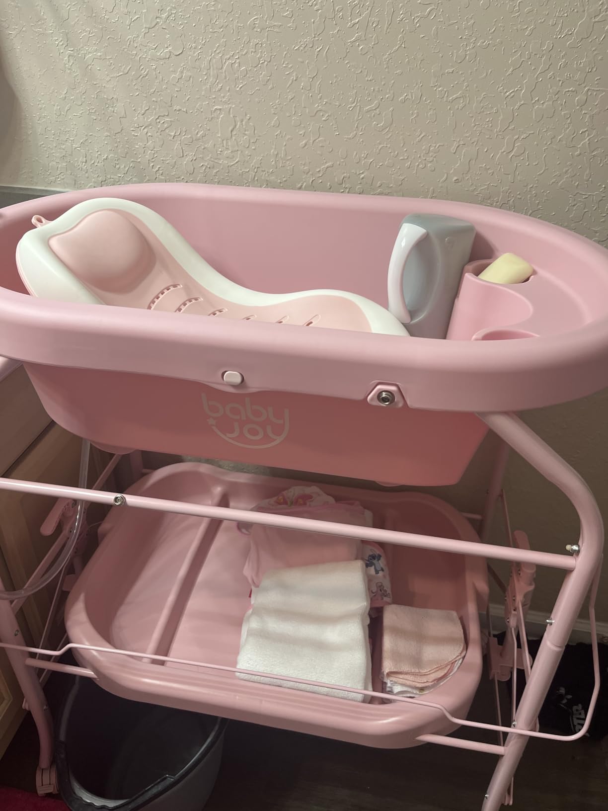 BABY JOY Baby Bathtub with Changing Table, Foldable Infant Diaper Changing Station with Storage Tray, Waterproof Pad, Portable Newborn Nursery Organizer Bath Stand with 4 Universal Wheels (Gray) customer photo 1