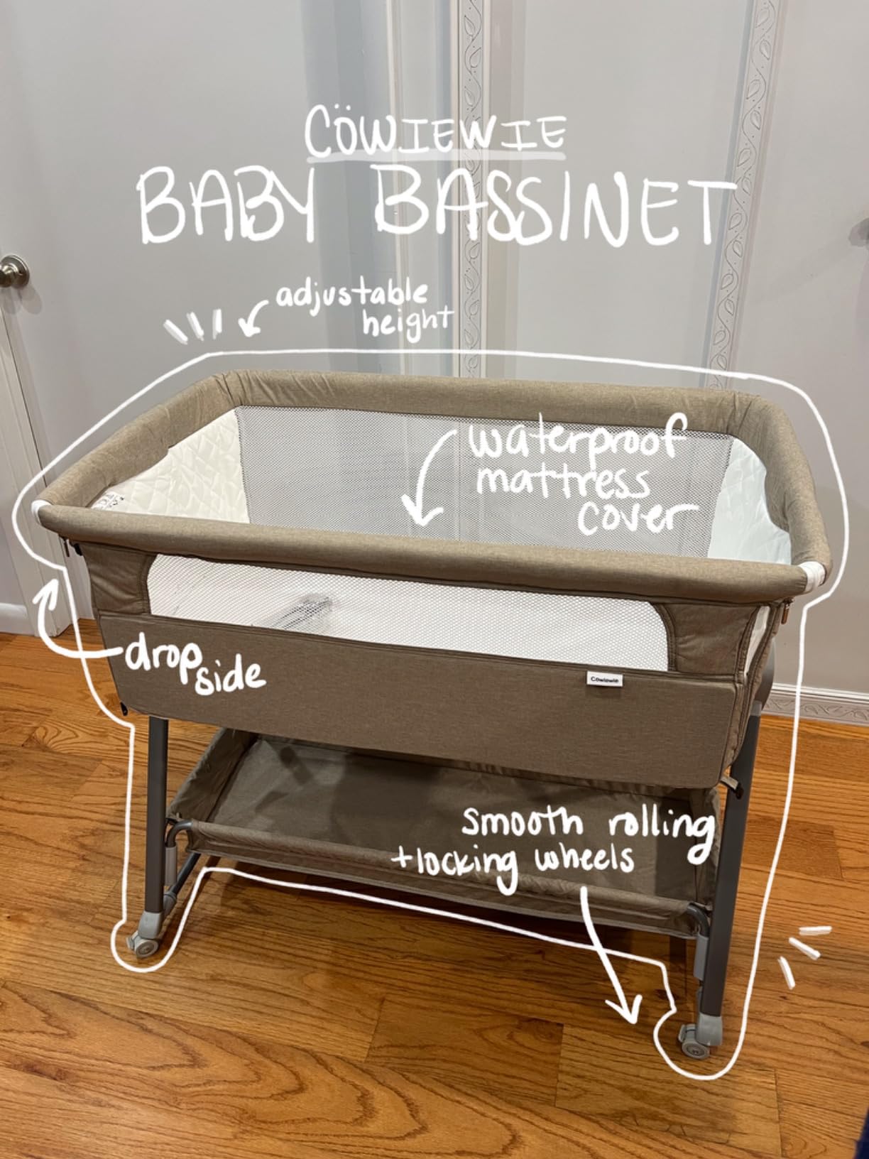 Cowiewie Bassinet Bedside Sleeper, Baby Bassinet with 7 Adjustable Height, Bedside Bassinet for Baby with Storage, Breathable Mesh & Mattress, Portable Bassinet Easy Folding (Pyramid Light Gray) customer photo 1
