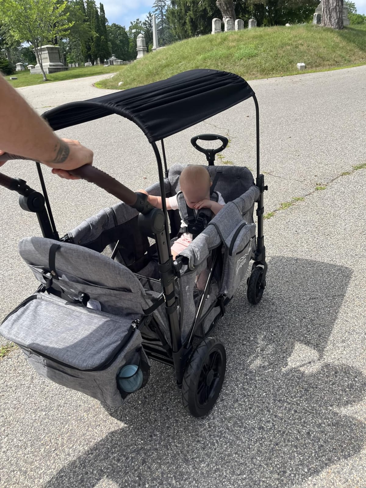 Rovique Wagon Stroller for 2 Kids,Premium Wagon for Kids with Removable Canopy, Snack Tray, Convertible Baby Bassinet, 5-Point Safety Harness, All-Terrain PU Wheels & Adjustable Push/Pull Handle,Grey customer photo 1